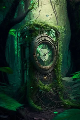 broken time machine in the deep forest covered with vines, realistic