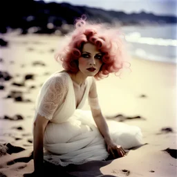 Clara bow on the beach, in the wind, white lace dress, pink hair,autochrome