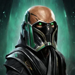 star wars bald male corellian jedi pilot wearing gunmetal grey and black old republic armored robes with gold trim inside the jedi temple holding a lightsaber with viridian green blade in left hand, centered head and shoulders portrait, hyperdetailed, dynamic lighting, hyperdetailed background, 8k resolution, volumetric lighting, light skin, fully symmetric details