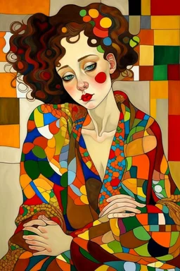 Woman in the style of argon Schiele + Gustav Klimt. Rich, lovely colors, full cubism style