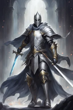 holy knight paladin in silver armor and a cape wielding a sword in abyss