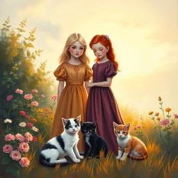 An elegant vertical painting suitable for a children's book cover or poster. Two young girls — one blonde, one redhead — in richly colored vintage dresses stand in a garden glowing with sunset light. Around them, three kittens rest peacefully: black, white, and ginger. The background shows softly glowing sky, flowers, and golden grass. The top third of the image is softly faded with light bokeh, creating space for a Hebrew or English title. The texture includes brush strokes, light craquelure, a