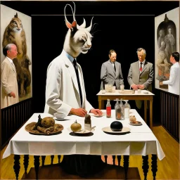 UN conference.a cat and human flesh-like surgical instruments and universe-like a pigeon and neuralink, surrealism,minimalism,Painting By Adrian Ghenie, Rene Magritte, Salvador Dali, Lucian Freud