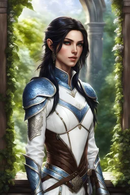 Realistic photography, realism, female half elf, attractive, dark hair, long and subtle stylish layer hair style, front_view, intricate white leather armor with blue streaks, brown aristocrate pants, blue plating, detailed part, brown dark eyes, green garden background behind window, dawn, full body shot