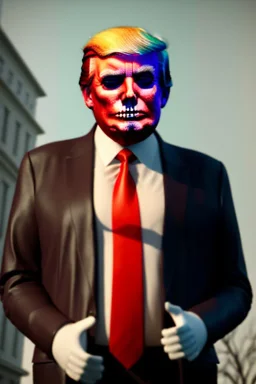 Ultra realistic image, Donald trump zombie, zombie performance, suit, skull, blood, torn arm, night, walking twisted, waist up view, thriller style, dark ambient, highly detailed, White House background, concept art, unreal engine 5, ray tracing, RTX, ultra detail, volumetric lighting, high definition, high resolution.