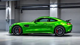 Mercedes-Benz AMG GT63s, green color, parked in a luxury garage and the car is facing right