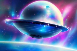 a cosmic beautiful flying saucer made of crystals and light is flyng INA MAGIC BRIGHT SKY OF A GALAXY. IT IS PASSED BY A VERTICAL SHINE FROM TOP TO BOTTOM. IT'S FLYNG ON A FAIRY Landscape