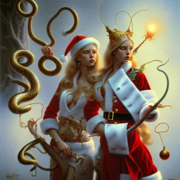 art by brom, pretty blonde fairies, santa hats, sexy snakes, wizard swords, north pole