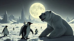 buster keaton as unstable polar growlar bear on the planet of Ceres, with some penguin astronauts, in front of ice megapolis