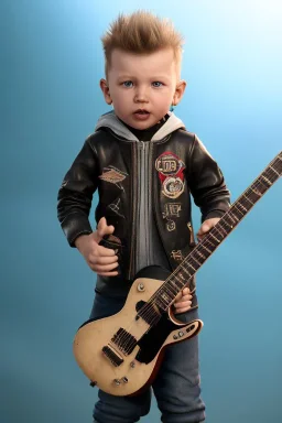 James hetfield toddler, full body, playing guitar, black leather wearing, bokeh,hyper realistic