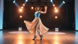 agA full body shot of a very beautiful lady with makeup and bob hair, wearing a pretty long skirt and blue heels, dancing gracefully on a modern stage with dynamic lights. The ime employs strong, hard light and a blurred bokeh effec