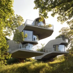 Four small residential tree house buildings with innovative architectural elements linked together by pedestrian bridges. They have a curved design and the ground below is inclined. He is made of glass, concrete and metal materials. one has a terrace, another balcony. The building is located in a forest environment. The sun's rays shine through the leaves of the trees.