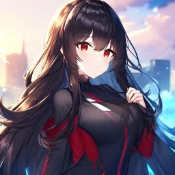 Clear focus, high resolution, black long fluffy hair, red eyes, wearing a detailed outfit