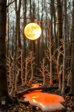 A melting plastic trees in the wood with melting moon