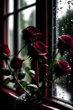 maroon roses with water drops in front of window