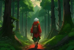 anime man with white hair and red scarf walking in a forest of tall green trees with a green backpack at dawn its foggy and stormy looking with a fire look out tower in the background with a trail following up to it there is a creek next to the trail water