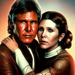 carrie fisher embracing harrison ford, waist up portrait, intricate, oil on canvas, masterpiece, expert, insanely detailed, 4k resolution, cinematic smooth, intricate detail , soft smooth lighting, soft pastel colors,