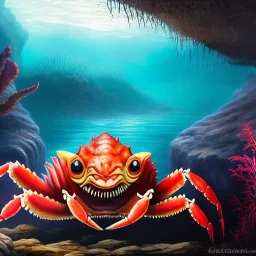 ultra detailed fullbody Drawing of Sea monster Gigantic Red Crab on the shore ,open mouth, with sharp teeth, with glowing red eyes,with humungus pincers, extremely detailed digital painting, intrincate, extremely detailed face,crystal clear Big eyes, in the style of Frank Frazetta, mystical colors , perfectly centered image, perfect composition, rim light, beautiful lighting, 8k, stunning scene, raytracing