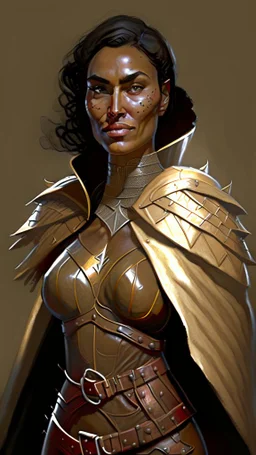A tall human woman with tanned skin. Her face, marked by the years, always has a smirk on it, showing her superiority in the eyes of the others. She is dressed in leather armor and wears a cape.