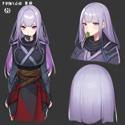 High quality, Detailed, Black long hair, Purple eyes, mouth open, blushing, ninja clothes, concept art