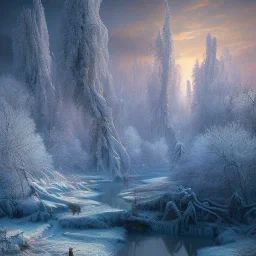 Sunset, frozen river beneath incredible frost trees and grasses, by Ivan Shishkin,Ferdinand Knab,Dan Seagrave,Erik Johansson,Peter Mohrbacher,Anato Finnstark,Flavio Greco Paglia. Beautiful,high detailed, high definition, award winning photograph taken with Nikon D750, colourful, Depth of Field, no people, a snowy sunset,golden crosses,many different colour northern lights, full moon over mountains, 10 second long exposure, ultra reallistic, oil on canvas, cinematic lighting,