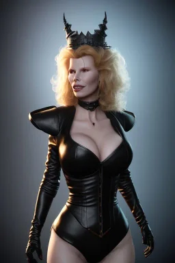 Kim Basinger as evil queen in black leather, busty, cleavage, curvy, angry, happy, stern look. character design by cory loftis, fenghua zhong, ryohei hase, ismail inceoglu and ruan jia. unreal engine 5, artistic lighting, highly detailed, photorealistic, fantasy