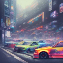 volumetric japan city environment and background, realistic pop-art illustration and highly detailed digital painting of illegal street drifting, ghost flames, inside a vibrant city, underground jdm scene, d1 grand prix, nissan, mitsubishi, otaku, neon, toyota, honda, subaru, highly detailed, money, high contrast, realistic shaded volumetric lighting, 8k, tokyo drift, reflective ground, octane render, smoke, burnout, vitality colours, colorful, uhd, blue fires, dk, hooning manga art by sam curry
