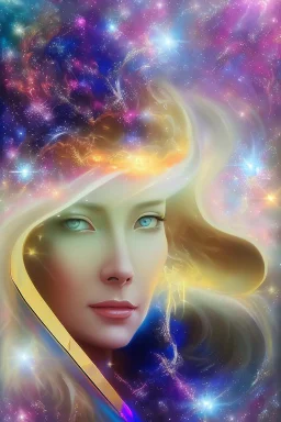 cosmic woman smile, admiral from the future, one fine whole face, crystalline skin, expressive blue eyes,rainbow, smiling lips, very nice smile, costume pleiadian, Beautiful tall woman pleiadian Galactic commander, ship, perfect datailed golden galactic suit, high rank, long blond hair, hand whit five perfect detailed finger, amazing big blue eyes, smilling mouth, high drfinition lips, cosmic happiness, bright colors, blue, pink, gold, jewels, realist, high commander