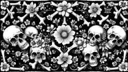 tracery of bones, flowers and skulls, black and white