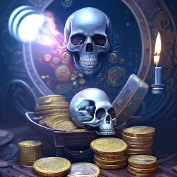 dynamic lighting, Intricately detailed, Splash screen art, deep color, Unreal Engine, volumetric lighting, silver coins, pile of coins, pirate treasure, stacked coins, indoors, candle, skull,