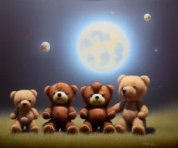 little boy and big teddy bears on moon. oil on canvas