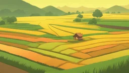 Rice field，Trees，Warm color palette，Animation，A lovely grasshopper，Top of the hill