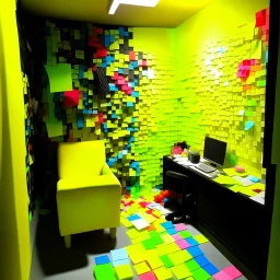 Bright Studio,What steal the smelling of food, covered in multi-colored post-it notes, fashion items made out of post-it notes, post-it notes covering space, background has two walls with multi-colored post it notes