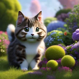 pixar style, volumetric summer garden environment and background, volumetric lighting, dramatic lighting, realistic painting of an cat, looking excited, detailed digital painting, extreme dense and fine fur, anime, ornate, colour-washed colors, elegant, small minutiae, tiny features, particulars, centered, smooth, sharp focus, renderman gofur render, 8k, uhd, detailed eyes, realistic shaded volumetric lighting, sunlight caustics, backlight, centered camera view