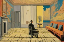 Sartre's "No Exit" otherworldly waiting room, fearfulness is the eyes of the Other, colorful hallucinatory luridness, surrealism, by Dali, relentless restlessness, macabrely fascinating pronounced sense of the strange, haze of the liminal space, room of fractured reality.