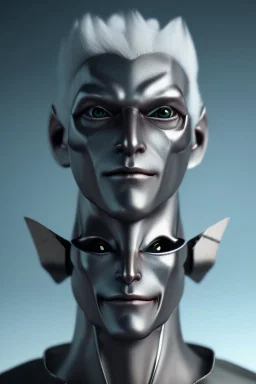 silver skinned anime Dragman cyberpunk with dragon mask in his eyes