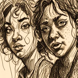 a drawing of two women's sketched on paper, in the style of quirky expressions, rusticcore, chiaroscuro sketches, yosuke ueno, rough clusters, close up, comical caricatures