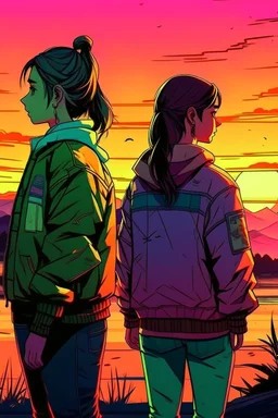 gün batımını izleyen 2 kız 2D biraz daha detaylı daha fazla detay ve 2d yüzleri hafif görünüyor yüzleri görünüyor farklı bir tarzda detaylı farklı ve detaylı kıyafetler kıyafetler düzgün olsun ve hava soğuk farklı bir tarz Farklı bir tarz ve neon farklı bir poz gta tarzı