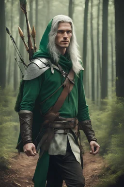 handsome young man with long silver hair, he is wearing a green hood, he has a bow and a quiver of arrows, he is walking in a forest