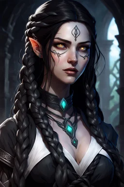 Young beautiful female Hexblood warlock character . Bright glowing pale eyes. Long, thick, silky jet-black hair reaching her waist, with a center part and two loose Dutch braids starting at her temples, flowing into the rest of her straight hair. A few soft strands frame her face. Thin vine-like markings spread across neck and collarbone as a sign of an ancient curse. Dark fantasy, realistic, cinematic, highly detailed.