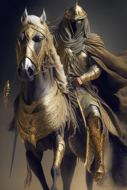 Arab warrior Full Body Full Armored Wearing Face Masculine Mysterious Powerful Fantasy High Quality Carrying his bow Golden clothes His horse behind him 8k