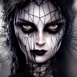 beautiful gothic woman with thick spiderwebs on face, dark, runny mascara, 8k, high-quality, fine-detail, intricate, sharp, crisp, digital art, detailed matte, illustration, octane render, brian froud, howard lyon, Anne Dittman, Anne Stokes, Lisa Parker, Selina French