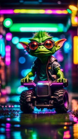 portrait of lizardman Hairy Gremlin myth buster pimp ninja yoga cyber punk in flying hipster lawn tractor parked in dark neon lit reflective wet arcade hall tunnel,bokeh like f/0.8, tilt-shift lens 8k, high detail, smooth render, down-light, unreal engine, prize winning