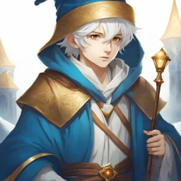 Fantasy World, A boy only wearing a closed wizards robe, and wearing a wizards hat. White Hair. Golden Eyes.