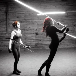 redhead girl barn rapier training against old very detailed playful lighting