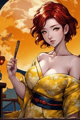 (Asian), short hair, fiery red hair hair, yukata, yellow clothes, 8k, best quality, winking, very dark night time, lighting from moon yellow moon, perfect, masterpiece