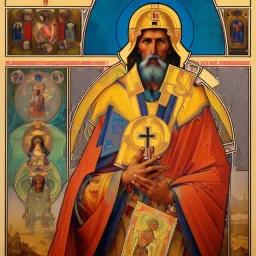 patron of photographers holding a camera in one hand and film roll in the other. orthodox icon with saint photographer. Cyrillic inscriptions. hyperdetailed, Alphonse Mucha, Zdzisław Beksiński, poster, illustration, ink, oil on canvas, 18th century atlas