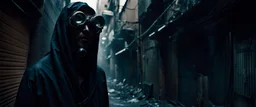 Whispers in the dark alleys of the surviving cities speak of Kai Virtuoso - the ghost in the machine. Draped in garments seamlessly integrated with camouflage tech, and goggles perpetually projecting data streams before his eyes, imperfection, natural lighting, cinematic, Fuji Film, Anamorphic lens, 2040s, Solarpunk