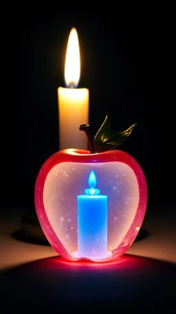 Chrystal Apple in side it in front of a candle at night, a bluer view of the candle in side the apple , a tiny star on the dark background behind