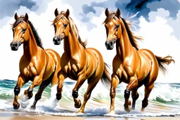 Stunning watercolor style portrait of three powerful palomino horses, galloping strong on the seashore. The waves crash behind them, the sky is filled with stormy clouds. Their manes and tails flutter in the wind and their muscles become defined as they exert their strength. Dynamic, energetic atmosphere, capturing the essence of freedom and power